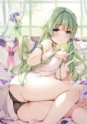 Rule 34 | 1girl, absurdres, arm support, ass, bare arms, bare shoulders, black panties, blue eyes, blush, breasts, closed mouth, convenient censoring, curtains, day, flower, frog hair ornament, green eyes, hair ornament, highres, indoors, kochiya sanae, long hair, looking at viewer, lying, medium breasts, miyase mahiro, on side, panties, petals, pillow, snake hair ornament, thighs, touhou, towel, underwear, window