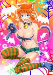 Rule 34 | 1girl, alternate breast size, alternate costume, animal ears, animal hands, arm behind back, arm support, bare shoulders, bell, blue eyes, blush, breasts, cat ears, cat girl, cat gloves, cat paws, cat tail, choker, cleavage, collar, creatures (company), fang, front-tie top, game freak, gloves, gradient background, hair between eyes, halloween, highres, large breasts, midriff, misty (pokemon), navel, nintendo, open mouth, orange hair, pokemon, pokemon gsc, pokemon hgss, short hair, short shorts, shorts, spider web print, striped clothes, striped thighhighs, tail, takecha, tareme, thighhighs, tongue, underboob