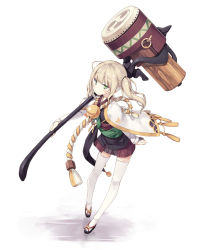 Rule 34 | 1girl, ahoge, bell, blonde hair, commentary, green eyes, hammer, holding, holding weapon, japanese clothes, jingle bell, original, poco (asahi age), rope, shimenawa, simple background, solo, stamp, thighhighs, twintails, weapon, white background, white thighhighs