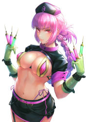 Rule 34 | 1girl, belt, between fingers, bikini, black hat, black skirt, blush, braid, breasts, cleavage, closed mouth, elbow gloves, fate/grand order, fate (series), florence nightingale (fate), florence nightingale (trick or treatment) (fate), folded ponytail, garrison cap, gloves, green bikini, green gloves, hair ribbon, hat, highres, holding, large breasts, layered bikini, long hair, looking at viewer, microskirt, navel, official alternate costume, otsukemono, pink belt, pink ribbon, purple bikini, revealing clothes, revision, ribbon, short sleeves, shrug (clothing), skirt, solo, stomach, stomach day, swimsuit, syringe, white background