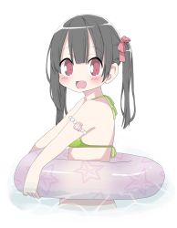 Rule 34 | 1girl, :d, bikini, black hair, blush, bow, commentary request, fang, green bikini, hair between eyes, hair bow, halterneck, hamada pengin, highres, holding, holding swim ring, innertube, looking at viewer, looking to the side, love live!, love live! school idol project, open mouth, partially submerged, print innertube, red bow, red eyes, sidelocks, smile, solo, starfish print, swim ring, swimsuit, twintails, water, yazawa nico