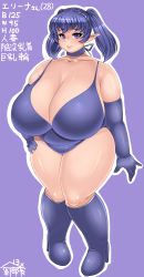 Rule 34 | 1girl, absurdres, astraea13, blue hair, blue one-piece swimsuit, boots, breasts, choker, cleavage, elbow gloves, elf, fat, female focus, gloves, high heels, highres, huge breasts, kneehighs, lips, measurements, mole, one-piece swimsuit, original, pointy ears, purple eyes, simple background, socks, solo, standing, stats, swimsuit, thick thighs, thighs, translated, twintails