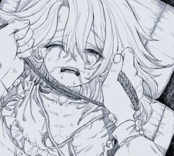 Rule 34 | 1girl, 1other, asphyxiation, closed eyes, commentary, crying, frilled shirt, frills, garotte, greyscale, hands on another&#039;s arms, long sleeves, lying, medium hair, monochrome, on back, open mouth, original, portrait, red hod, rope marks, ryona, shirt, strangling, strangulation mark, sweat, vomit