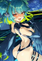 Rule 34 | 1girl, ass, black feathers, black wings, blue hair, blush, breasts, claws, cluseller, colored inner hair, feathered wings, feathers, green hair, harpy, highres, indie virtual youtuber, lincoro, looking at viewer, medium breasts, monster girl, multicolored hair, open mouth, pointy ears, red eyes, revealing clothes, short hair, short twintails, solo, twintails, two-tone hair, virtual youtuber, winged arms, wings