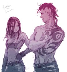 Rule 34 | 10s, 1boy, 1girl, age difference, belt, brother and sister, crossed arms, daken, family, fingerless gloves, frown, gloves, marvel, midriff, monochrome, muscular, siblings, size difference, tattoo, transparent background, white background, x-23, x-men