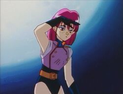 Rule 34 | 1990s (style), 1girl, animated, animated gif, bare legs, blue gloves, blue leotard, breasts, curvy, demon girl, gloves, happy, highleg, highleg leotard, kishin douji zenki, leotard, lipstick, makeup, medium breasts, medium hair, nagi (kishin douji zenki), night, night sky, pink hair, pointy ears, red eyes, retro artstyle, revealing clothes, sky, smile, solo, standing, talking, wide hips