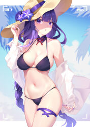 Rule 34 | 1girl, absurdres, akovo, bare shoulders, bikini, black bikini, blue sky, blunt bangs, breasts, cloud, commentary request, cowboy shot, day, flower, genshin impact, hand up, hat, hat flower, highres, large breasts, long hair, looking at viewer, nail polish, navel, off shoulder, parted lips, purple eyes, purple flower, purple hair, purple nails, raiden shogun, sky, solo, standing, stomach, sun hat, swimsuit, thigh strap, thighs, very long hair