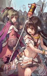 Rule 34 | 2girls, ahoge, ainu clothes, animal ears, anju (utawarerumono), aquaplus, army, bare legs, blouse, blue sky, bracelet, braid, breasts, brown hair, choker, clothes around waist, collarbone, cowboy shot, crop top, dress, faceless, faceless male, from side, hair between eyes, hair ornament, hair ribbon, highres, holding, holding polearm, holding spear, holding staff, holding weapon, jewelry, long hair, long sleeves, looking at another, looking at viewer, midriff, mole, mole under eye, multiple boys, multiple girls, necklace, nekone (utawarerumono), nose, official art, open mouth, orange eyes, outdoors, polearm, red eyes, ribbon, shirt, short sleeves, sidelocks, skirt, sky, small breasts, soldier, spear, staff, staff (weapon), suzuno (bookshelf), sweat, sweatdrop, tail, teeth, thighs, thong, tongue, torn clothes, torn shirt, torn skirt, twintails, utawarerumono, utawarerumono: futari no hakuoro, utawarerumono: itsuwari no kamen, utawarerumono: lost flag, very long hair, weapon