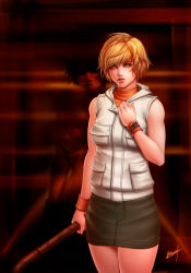 Rule 34 | 1girl, blonde hair, breasts, heather mason, highres, karosu maker, looking at viewer, short hair, signature, silent hill, silent hill (series), silent hill 3, skirt, solo, steel pipe, watch, weapon, wristband, wristwatch, yellow eyes