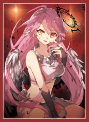 Rule 34 | 1girl, angel wings, blood, blood on face, breasts, bridal gauntlets, chibirisu, spiked halo, crop top, cross, feathered wings, halo, highres, jibril (no game no life), large breasts, long hair, looking at viewer, low wings, magic circle, midriff, no game no life, open mouth, pink hair, solo, source request, symbol-shaped pupils, very long hair, wing ears, wings, yellow eyes