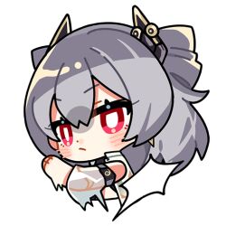 Rule 34 | 1girl, :/, chibi, closed mouth, detached sleeves, drill hair, earrings, grey hair, honkai (series), honkai impact 3rd, jewelry, looking at viewer, official art, prometheus (honkai impact), red eyes, slapping, solo, transparent background, upper body