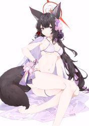 Rule 34 | 1girl, absurdres, animal ears, armpits, ass, bare legs, barefoot, bikini, black hair, blue archive, breasts, cape, flower, fox ears, fox girl, fox tail, hair flower, hair ornament, halo, halterneck, highres, kirschma, large breasts, large tail, long hair, looking at viewer, navel, parted lips, pink flower, revision, simple background, solo, stomach, strap gap, string bikini, swimsuit, tail, thigh strap, thighs, very long hair, wakamo (blue archive), wakamo (swimsuit) (blue archive), white background, white bikini