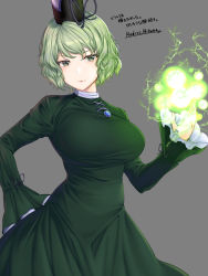 Rule 34 | 1girl, black hat, breasts, closed mouth, cowboy shot, cross-laced clothes, dress, electricity, green dress, green hair, grey background, hand on own hip, hat, highres, large breasts, long sleeves, looking at viewer, mitama mudimudi, ofuda, ofuda on clothes, short hair, signature, simple background, soga no tojiko, solo, tate eboshi, touhou, translation request