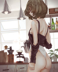 Rule 34 | 1girl, arm at side, ass, back, bag, bare shoulders, beer bottle, blue eyes, breasts, brown hair, coffee, coffee grinder, coffee pot, counter, cowboy shot, from behind, hanging light, highleg, highleg leotard, highres, idolmaster, idolmaster cinderella girls, indoors, kaoming, kitchen, lamp, leotard, leotard under clothes, looking away, looking down, loose clothes, loose shirt, medium breasts, mole, mole under eye, off shoulder, open window, paper bag, pitcher (container), plant, potted plant, pouring, profile, radio, shelf, shirt, short hair, sideboob, solo, standing, table, takagaki kaede, thong leotard, white leotard, window