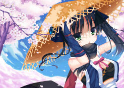 Rule 34 | 1girl, arm belt, arms up, bare shoulders, black hair, black scarf, blue gloves, blue kimono, blue sky, breasts, cherry blossoms, chestnut mouth, cleavage, cloud, dappled sunlight, elbow gloves, eyes visible through hair, falling petals, fingerless gloves, forehead protector, gloves, green eyes, hair between eyes, hands on headwear, hat, highres, hitachi mako, japanese clothes, kimono, large breasts, looking at viewer, ninja, open clothes, open kimono, open mouth, outdoors, petals, red ribbon, ribbon, rice hat, scarf, senren banka, shading eyes, short hair with long locks, sky, sleeveless, sleeveless kimono, solo, spring (season), sunlight, wind, wind lift, yuugoku yume