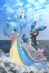 Rule 34 | :o, ^ ^, alternate color, artist name, biting, blue sky, blurry, blurry background, closed eyes, cloud, commentary request, creatures (company), day, full body, game freak, gen 1 pokemon, gen 2 pokemon, gen 8 pokemon, highres, horizon, lapras, light particles, light rays, looking at another, looking at viewer, nintendo, no humans, nullma, ocean, on head, open mouth, outdoors, pokemon, pokemon (creature), pokemon on back, pokemon on head, purple eyes, shell, shiny pokemon, signature, sky, smile, sobble, splashing, swimming, tongue, umbreon, water, yellow eyes