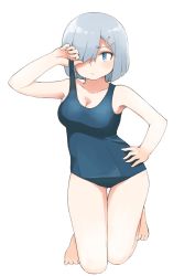 Rule 34 | 1girl, barefoot, blue eyes, blue one-piece swimsuit, breasts, cleavage, full body, hair ornament, hair over one eye, hairclip, hamakaze (kancolle), highres, kantai collection, kneeling, looking at viewer, medium breasts, one-piece swimsuit, school swimsuit, short hair, silver hair, simple background, solo, swimsuit, toplow, white background