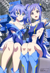 Rule 34 | 10s, 2girls, :d, absurdres, blue footwear, blue hair, boots, chain, character request, choker, collarbone, copyright name, crop top, detached sleeves, dress, facial mark, fujii masahiro, hair ornament, highres, knee boots, long hair, lostorage wixoss, midriff, multiple girls, open mouth, outstretched arm, pink eyes, piruluk (lostorage wixoss), purple hair, short dress, short hair, side ponytail, sidelocks, smile, stomach, wixoss