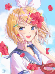 Rule 34 | 1girl, :d, absurdres, artist name, blonde hair, blue eyes, blue sailor collar, collarbone, commentary request, day, flower, flower request, hair flower, hair ornament, hair ribbon, hairclip, hand on own cheek, hand on own face, highres, kagamine rin, looking at viewer, neckerchief, open mouth, petals, red flower, red neckerchief, ribbon, riku taru, sailor collar, school uniform, serafuku, short hair, short sleeves, smile, solo, upper body, vocaloid, white ribbon, wind, x hair ornament