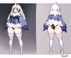 Rule 34 | 1girl, ahoge, artist name, ass, black panties, blue jacket, breasts, closed mouth, copyright request, earrings, from behind, full body, fur-trimmed jacket, fur trim, grey background, groin, hair intakes, highres, jacket, jacqli (jacqliart), jewelry, large breasts, long hair, multiple views, original, panties, puffy sleeves, red eyes, shiny clothes, short hair, standing, thighhighs, toeless legwear, two-tone background, underwear, white thighhighs