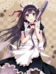 Rule 34 | 1girl, apron, baseball bat, black hair, blue eyes, blush, bow, copyright request, frills, hair ribbon, highres, long hair, looking at viewer, maid, maid apron, maid headdress, official art, open mouth, pantyhose, puffy short sleeves, puffy sleeves, resolution mismatch, ribbon, short sleeves, solo, source request, source smaller, tears, tokumaru, wavy mouth, wind