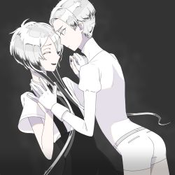 Rule 34 | 2others, androgynous, ass, cairngorm (houseki no kuni), colored eyelashes, dark background, closed eyes, face-to-face, gem uniform (houseki no kuni), ghost quartz (houseki no kuni), gloves, grey eyes, hair over one eye, highres, holding hands, houseki no kuni, looking at another, multicolored hair, multiple others, necktie, short hair, short hair with long locks, smile, sparkle, suspenders, time paradox, white hair