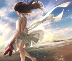 Rule 34 | 1girl, artist name, bare back, beach, brown hair, dress, earrings, facing away, high heels, highres, holding, holding shoes, jewelry, long hair, ocean, original, red footwear, scenery, shoes, sky, solo, sunset, tukagamikagera023