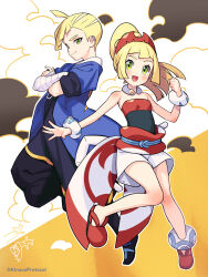 Rule 34 | 1boy, 1girl, :d, adaman (pokemon) (cosplay), ahoge, anklet, arm wrap, blonde hair, blue coat, blush, brother and sister, clenched hand, closed mouth, coat, commentary request, cosplay, creatures (company), crossed arms, ear piercing, eyelashes, game freak, gladion (pokemon), green eyes, hairband, hand up, highres, irida (pokemon) (cosplay), jewelry, kinocopro, lillie (pokemon), long hair, nintendo, open mouth, piercing, pokemon, pokemon legends: arceus, pokemon sm, ponytail, red footwear, sash, shirt, shoes, short hair, shorts, siblings, smile, strapless, strapless shirt, twitter username, watermark, white shorts