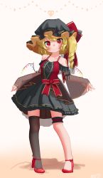 Rule 34 | 1girl, :&gt;, absurdres, alternate costume, bare shoulders, black dress, black hat, black ribbon, black thighhighs, blonde hair, blush, bow, breasts, bridal garter, bright pupils, closed mouth, collarbone, commentary request, contrapposto, crystal, dress, eyebrows hidden by hair, flandre scarlet, footwear bow, full body, gold trim, gradient background, hat, hat bow, head tilt, high heels, highres, lolita fashion, looking at viewer, mob cap, off-shoulder dress, off shoulder, one side up, over-kneehighs, red bow, red eyes, red footwear, red ribbon, ribbon, see-through, shadow, shoes, short hair, simple background, single drill, single thighhigh, sleeves past wrists, small breasts, solo, standing, thighhighs, touhou, white background, wide sleeves, wings, zakozako y