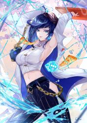 Rule 34 | 1girl, alternate costume, armpits, arms up, bead necklace, beads, belt, blue eyes, blue hair, blue pants, box, bracelet, breasts, chain, cleavage, crop top, eating, food, food in mouth, genshin impact, highres, hip vent, holding, holding box, holding food, jacket, jewelry, large breasts, looking at viewer, midriff, navel, necklace, pants, parted lips, pizza, pizza box, pizza slice, shirt, short hair, sleeveless, sleeveless shirt, tassel, vardan, water, white jacket, white shirt, yelan (genshin impact), yelan (pizza hut) (genshin impact)