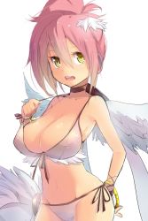 Rule 34 | 1girl, bad id, bad pixiv id, bangle, bikini, bracelet, breasts, choker, cleavage, cosmic break, feather hair ornament, feathers, hair ornament, jewelry, large breasts, long hair, magister, melfi, open mouth, pink hair, side-tie bikini bottom, side ponytail, solo, swimsuit, white bikini, white wings, wings, yellow eyes