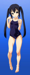 Rule 34 | 00s, 1girl, absurdres, barefoot, black hair, blue hair, blush, brown eyes, competition school swimsuit, feet, flat chest, highres, k-on!, long hair, nakano azusa, norizou type-r, one-piece swimsuit, school swimsuit, solo, swimsuit, tail, twintails