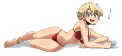 Rule 34 | 1girl, anklet, aono3, arm support, bikini, blonde hair, blue eyes, braid, breasts, commentary, cup, darjeeling (girls und panzer), full body, girls und panzer, highres, holding, holding cup, jewelry, leg up, legs, looking at viewer, lying, medium breasts, navel, on side, open mouth, red bikini, shadow, short hair, simple background, smile, solo, swimsuit, teacup, thighs, translated, twin braids, white background