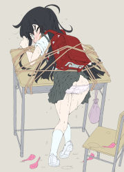 Rule 34 | 1girl, asashio (kancolle), ass, backpack, bag, bent over, black hair, blue eyes, bullying, chair, clothes lift, commentary request, desk, flat color, highres, kantai collection, long hair, narumiya (narumiya), one eye closed, panties, pleated skirt, pouch, randoseru, restrained, rope, school desk, shirt, skirt, skirt lift, socks, solo, suspenders, underwear, wet, wet clothes, wet panties, white panties, white shirt, white socks