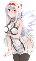 Rule 34 | 1girl, 3:, alternate costume, angel wings, arched back, bad id, bad twitter id, bare shoulders, black thighhighs, blush, breast hold, breasts, brown eyes, chain, collar, cosplay, covered navel, curvy, dress, garter straps, hair between eyes, hairband, highres, kantai collection, large breasts, leaning forward, long hair, looking at viewer, nomizu iori, nymph (sora no otoshimono), nymph (sora no otoshimono) (cosplay), short dress, shoukaku (kancolle), simple background, solo, sora no otoshimono, standing, suisen toire (moko924), thighhighs, voice actor connection, white background, white hair, wide hips, wings