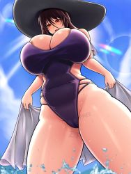 Rule 34 | 1girl, artist request, blue sky, blush, body writing, breasts, cameltoe, cleft of venus, curvy, hat, highleg, highleg swimsuit, highres, huge breasts, mature female, mizuki shiranui, official alternate costume, one-piece swimsuit, shiny skin, sky, smile, solo, swimsuit, taimanin (series), taimanin yukikaze, tally, water