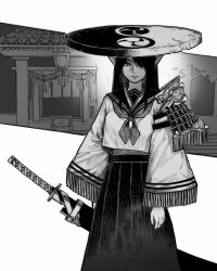 Rule 34 | 1girl, absurdres, armor, chin strap, closed mouth, commentary, fringe trim, greyscale, hair over one eye, hat, highres, holding, holding sword, holding weapon, japanese armor, long hair, long skirt, long sleeves, making-of available, mitsudomoe (shape), monochrome, neckerchief, one eye covered, original, pleated skirt, sandogasa, school uniform, serafuku, sheath, sheathed, shirt overhang, shoulder armor, sideways glance, skirt, sode, solo, standing, sword, tomoe (symbol), weapon, wide sleeves, yin yang, zero808w