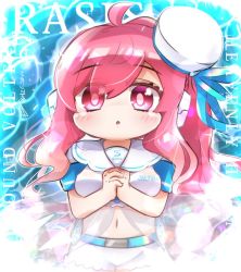 Rule 34 | 1girl, :o, ahoge, blush, breasts, chibi, commentary, dress, eyes visible through hair, h2o rutorinde, hat, midriff, navel, own hands clasped, own hands together, pink eyes, pink hair, rasis, sailor dress, sailor hat, signature, solo, sound voltex, stomach, symbol-only commentary