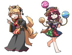 Rule 34 | 2girls, :d, = =, animal ears, barefoot, black dress, blonde hair, chain, closed eyes, clothes writing, collar, cuffs, dog ears, dog tail, dress, earth (planet), fox ears, fox tail, full body, grin, hair ornament, hat, hecatia lapislazuli, hemogurobin a1c, junko (touhou), kemonomimi mode, long hair, long sleeves, moon, multicolored clothes, multicolored skirt, multiple girls, multiple tails, open mouth, planet, sash, shackles, shirt, skirt, smile, tabard, tail, touhou, transparent background, very long hair, wide sleeves
