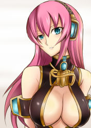 Rule 34 | 1girl, blue eyes, breasts, cleavage, large breasts, long hair, megurine luka, nishida megane, pink hair, simple background, smile, solo, upper body, vocaloid