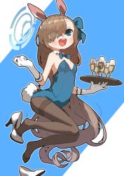Rule 34 | 1girl, :d, absurdly long hair, alcohol, amonitto, animal ears, asuna (blue archive), asuna (bunny) (blue archive), bare shoulders, black pantyhose, blue archive, blue eyes, blue leotard, bow, breasts, brown hair, cleavage, commentary request, cup, detached collar, drinking glass, elbow gloves, fake animal ears, fake tail, full body, gloves, hair bow, hair ribbon, hairband, halo, high heels, jumping, leotard, long hair, looking at viewer, mole, mole on breast, official alternate costume, open mouth, pantyhose, parted bangs, playboy bunny, rabbit ears, rabbit tail, ribbon, sidelocks, simple background, small breasts, smile, solo, strapless, strapless leotard, tail, tray, two-tone background, very long hair, white gloves, wine, wine glass