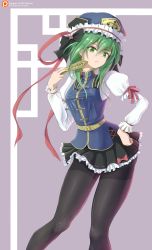 Rule 34 | 1girl, arm ribbon, belt, black bow, black pantyhose, black skirt, blue hat, blue vest, bow, breasts, commentary, epaulettes, feet out of frame, frilled hat, frills, green eyes, green hair, hair between eyes, hair bow, hand on own hip, hand up, hat, hat ribbon, head tilt, highres, holding, juliet sleeves, long sleeves, looking at viewer, medium breasts, miniskirt, namiki (remiter00), pantyhose, patreon logo, petticoat, pleated skirt, puffy sleeves, purple background, red ribbon, ribbon, ribbon-trimmed skirt, ribbon trim, rod of remorse, shiki eiki, short hair, simple background, skirt, solo, standing, thighband pantyhose, thighs, touhou, vest, watermark, web address, yellow belt