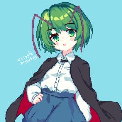Rule 34 | 1girl, 999 (hansode), antennae, black cape, blue background, blue shorts, cape, character name, commentary request, green eyes, green hair, hand on own hip, highres, long sleeves, looking at viewer, open mouth, pixel art, short hair, shorts, solo, touhou, upper body, wriggle nightbug