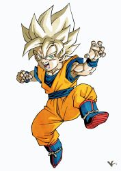 Rule 34 | biceps, blonde hair, blue footwear, blue shirt, boots, character request, dragon ball, full body, green eyes, highres, initial, jumpsuit, kakeru (dbskakeru), looking at viewer, male focus, muscular, muscular male, official style, open mouth, orange jumpsuit, shirt, simple background, sleeveless, sleeveless jumpsuit, sleeveless shirt, solo, spiked hair, teeth, toriyama akira (style), white background