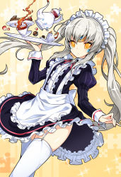 Rule 34 | 1girl, apron, arm up, blue dress, bow, chocolate, clothes lift, cookie, dress, dutch angle, elsword, eve (elsword), female focus, food, frilled dress, frilled skirt, frills, fringe trim, fruit, gem, hair between eyes, hair ornament, hairband, headdress, highres, jewelry, lens flare, long hair, long sleeves, looking at viewer, maid, ponytail, poseich, ribbon, side ponytail, simple background, skirt, skirt lift, solo, standing, strawberry, tea set, thighhighs, thighs, twintails, upskirt, white hair, white thighhighs, yellow background, yellow eyes