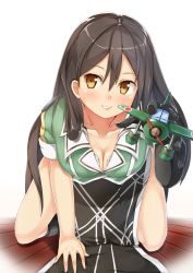 Rule 34 | 10s, 1girl, blush, breasts, brown eyes, brown hair, chikuma (kancolle), cleavage, elbow gloves, gloves, highres, kantai collection, long hair, medium breasts, no panties, pelvic curtain, ryouya, seaplane, side slit, single elbow glove, single glove, smile, solo