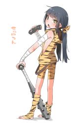 Rule 34 | 1girl, akari (raigou), animal print, bandaged arm, bandages, blue hair, blush, brown eyes, club (weapon), eating, female focus, food, from behind, full body, holding, holding food, looking back, makizushi, open mouth, original, pointy ears, raigou, shorts, simple background, solo, spiked club, sushi, tiger print, toeless legwear, twintails, weapon, white background