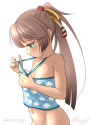 Rule 34 | 1girl, blue camisole, breast conscious, brown hair, camisole, cloud print, flat chest, grey eyes, hair ribbon, kantai collection, kazagumo (kancolle), long hair, looking down, navel, no panties, one-hour drawing challenge, out-of-frame censoring, ponytail, ray.s, ribbon, simple background, solo, white background