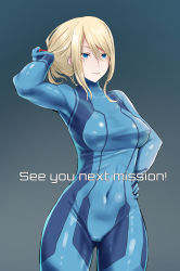 Rule 34 | 1girl, absurdres, blonde hair, blue bodysuit, blue eyes, bodysuit, breasts, closed mouth, covered erect nipples, covered navel, cowboy shot, hair between eyes, hand on own hip, hand up, highres, large breasts, long hair, looking at viewer, metroid, mole, mole under mouth, nintendo, samus aran, skin tight, smile, solo, standing, thighs, untying, yilan un, zero suit