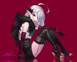 1boy black_eyes boots bracelet elbow_gloves eyeshadow feathers gloves grey_hair high_heel_boots high_heels highres jewelry lipstick looking_at_viewer makeup mascara medium_hair ohayousan_084 original pointy_ears red_background short_shorts shorts sitting stiletto_boots stiletto_heels thigh_boots thighhighs trap vampire